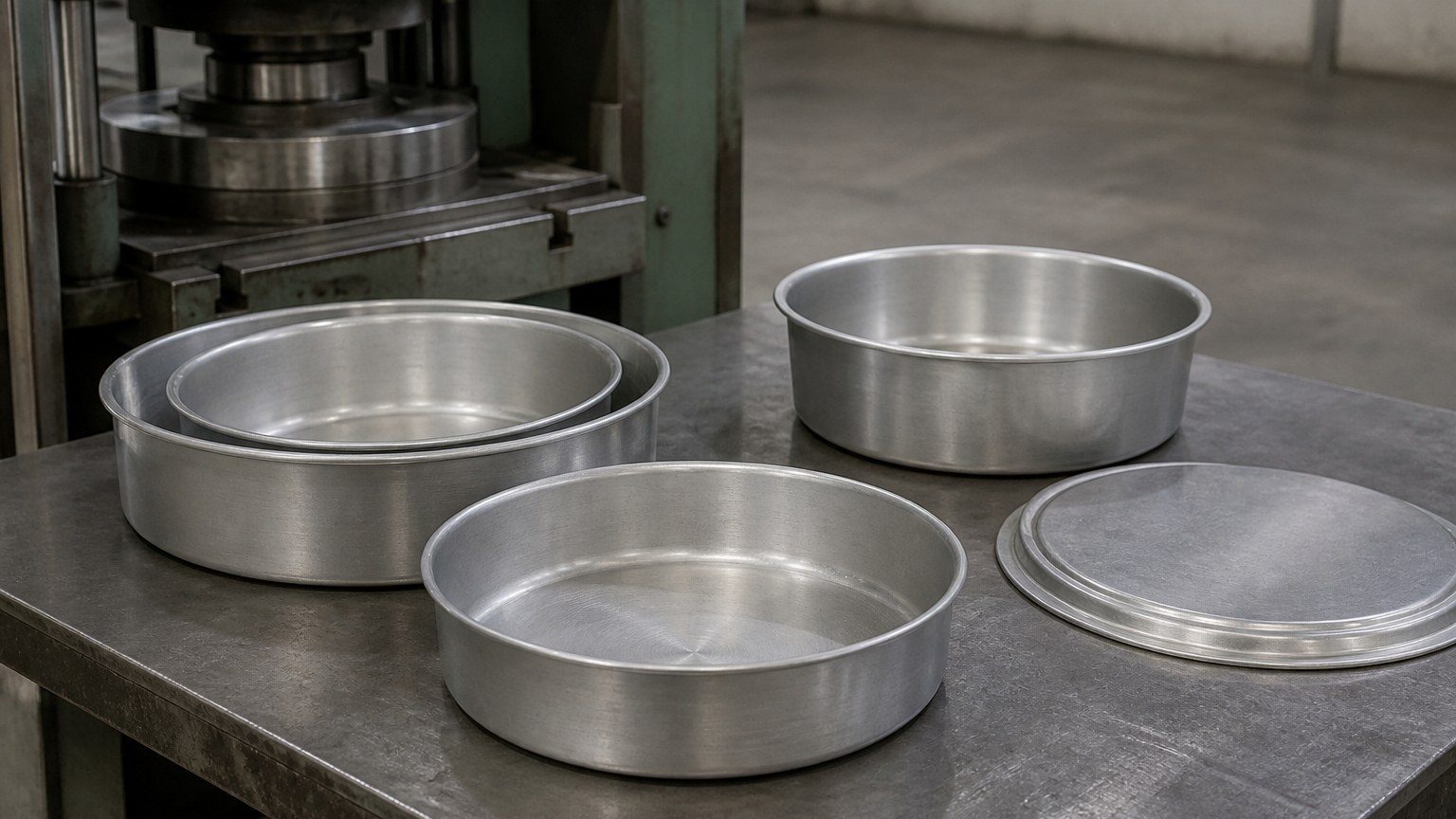 aluminum circle - plain aluminium cookware pans drawn from aluminium circle blanks on a workshop bench