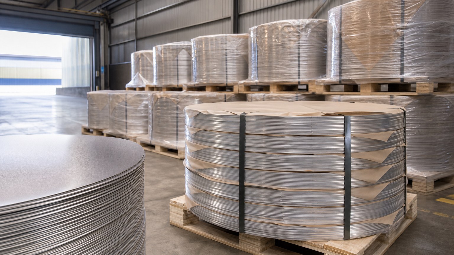 aluminum circle - banded bundles of aluminium circle blanks on timber pallets in a dispatch area