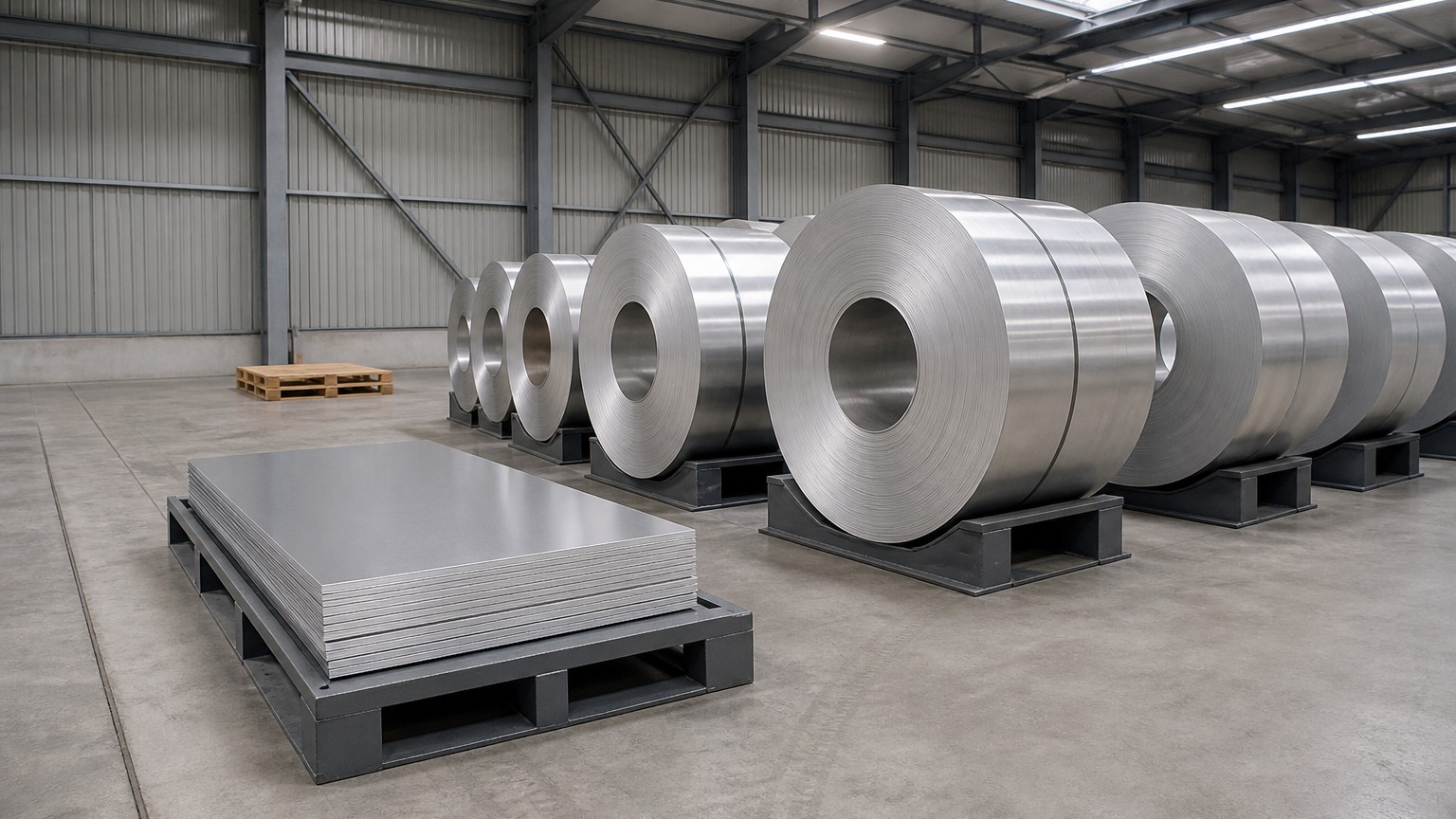 aluminum coil vs sheet - coiled aluminum strip and flat aluminum sheets stored side by side in a steel warehouse