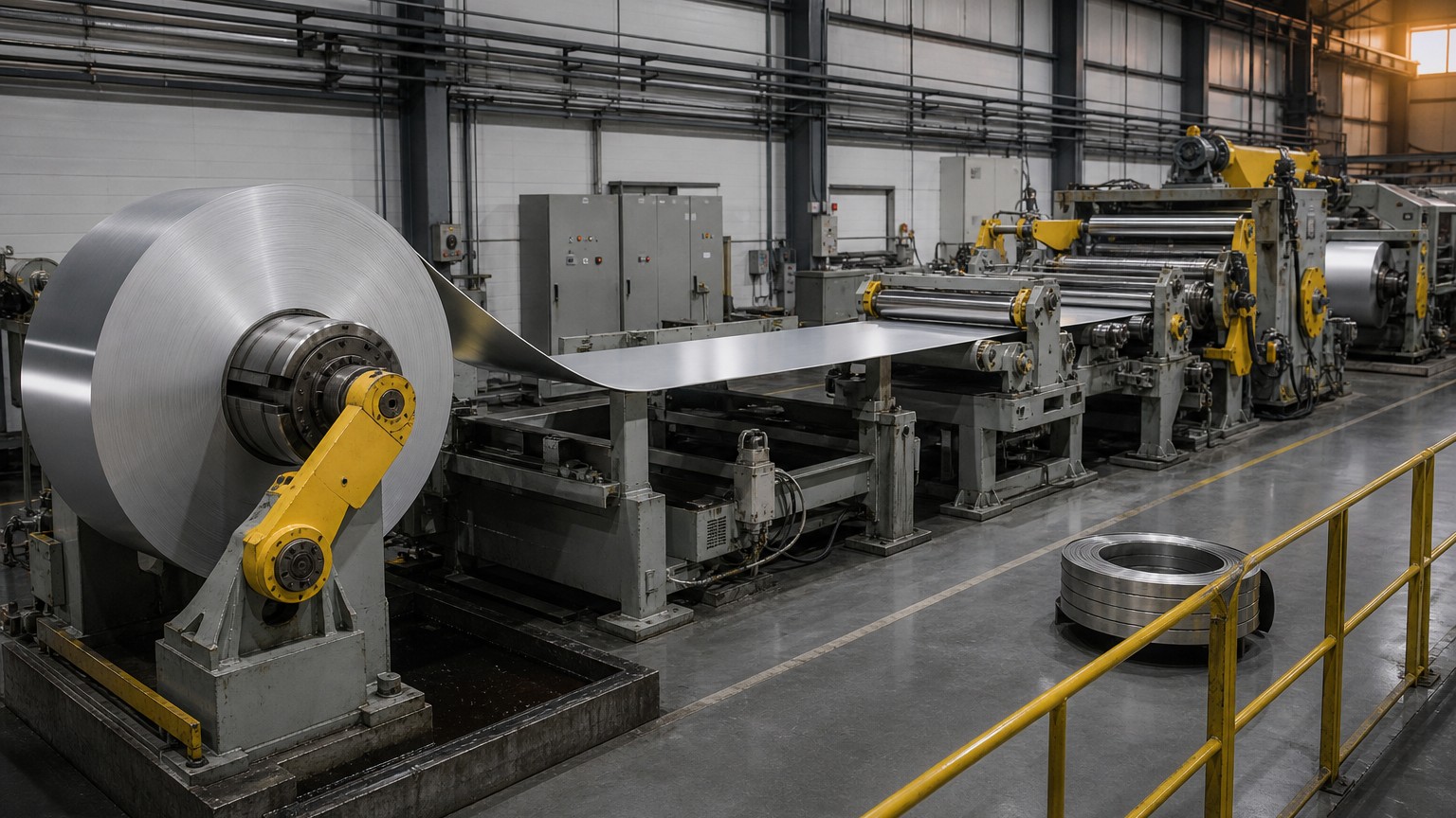 aluminum coil vs sheet - aluminum strip running through a rolling and slitting line from uncoiler to recoiler
