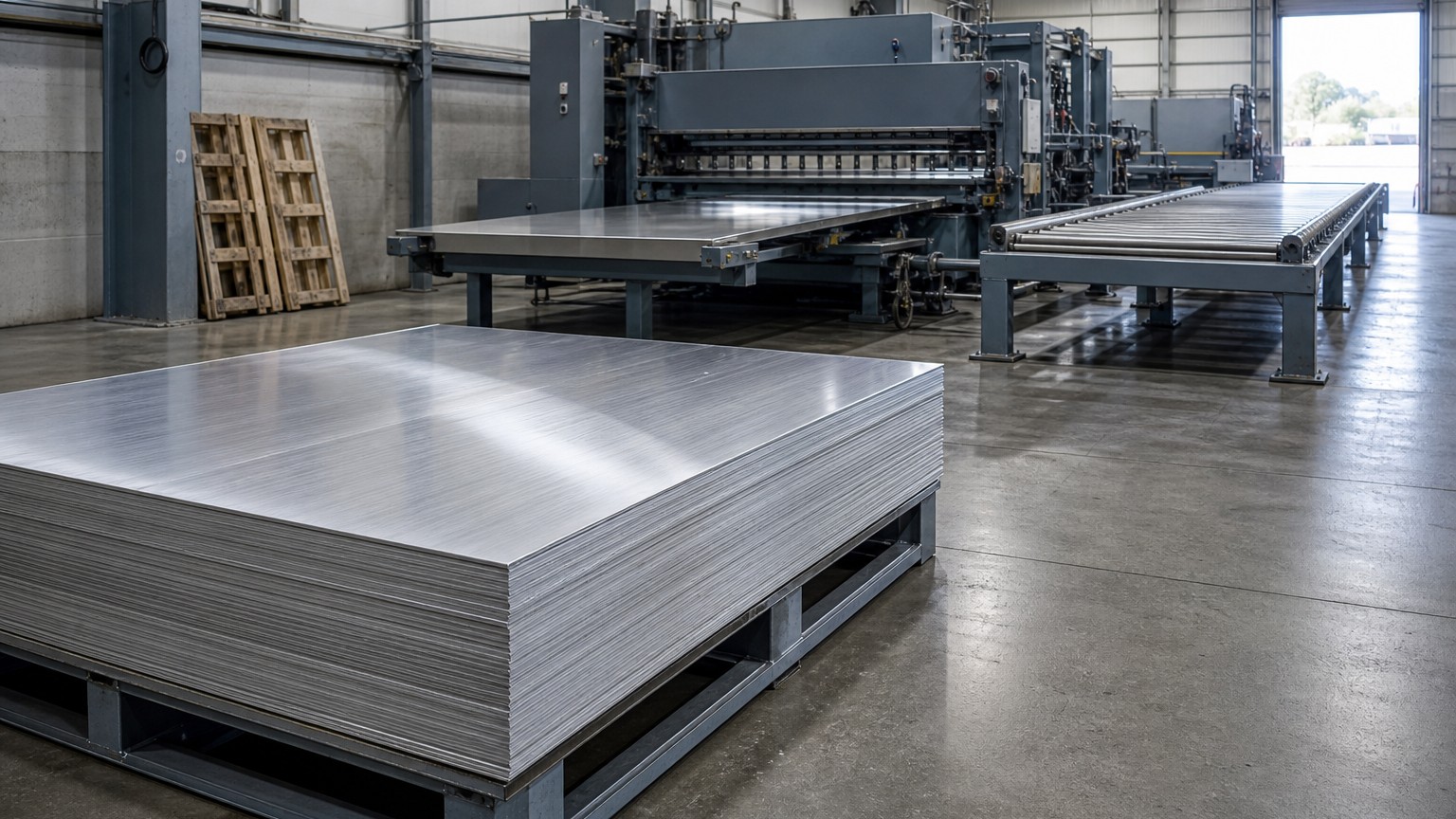 aluminum coil vs sheet - cut-to-length line stacking flat aluminum sheets after shearing