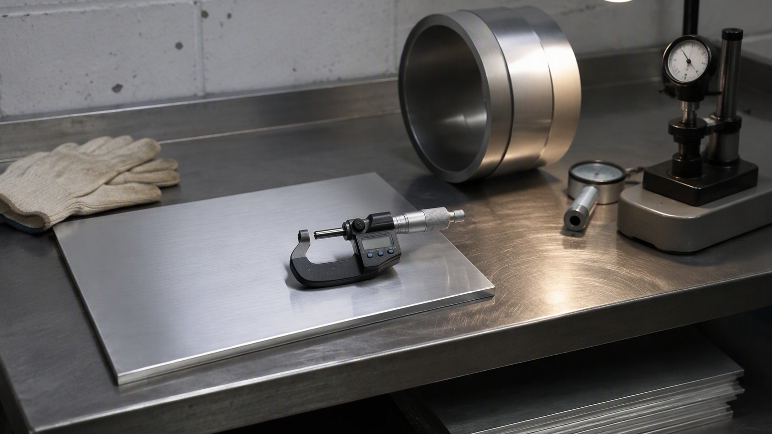 aluminum coil vs sheet - micrometer measuring the thickness of an aluminum sheet sample at incoming inspection