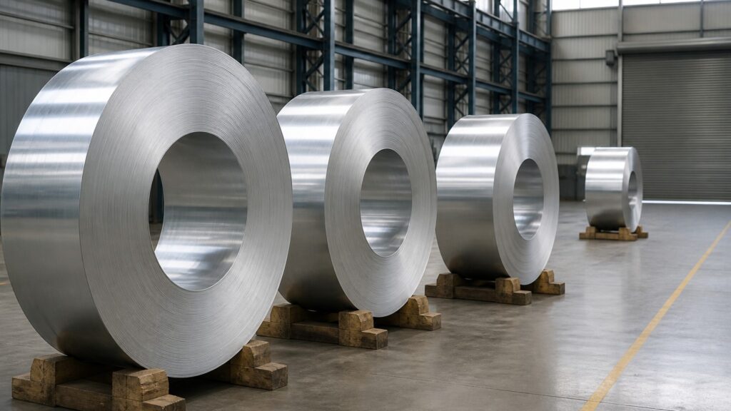 aluminum strip - aluminum alloy strip coils stored on timber saddles in a metals warehouse