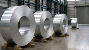 aluminum strip - aluminum alloy strip coils stored on timber saddles in a metals warehouse
