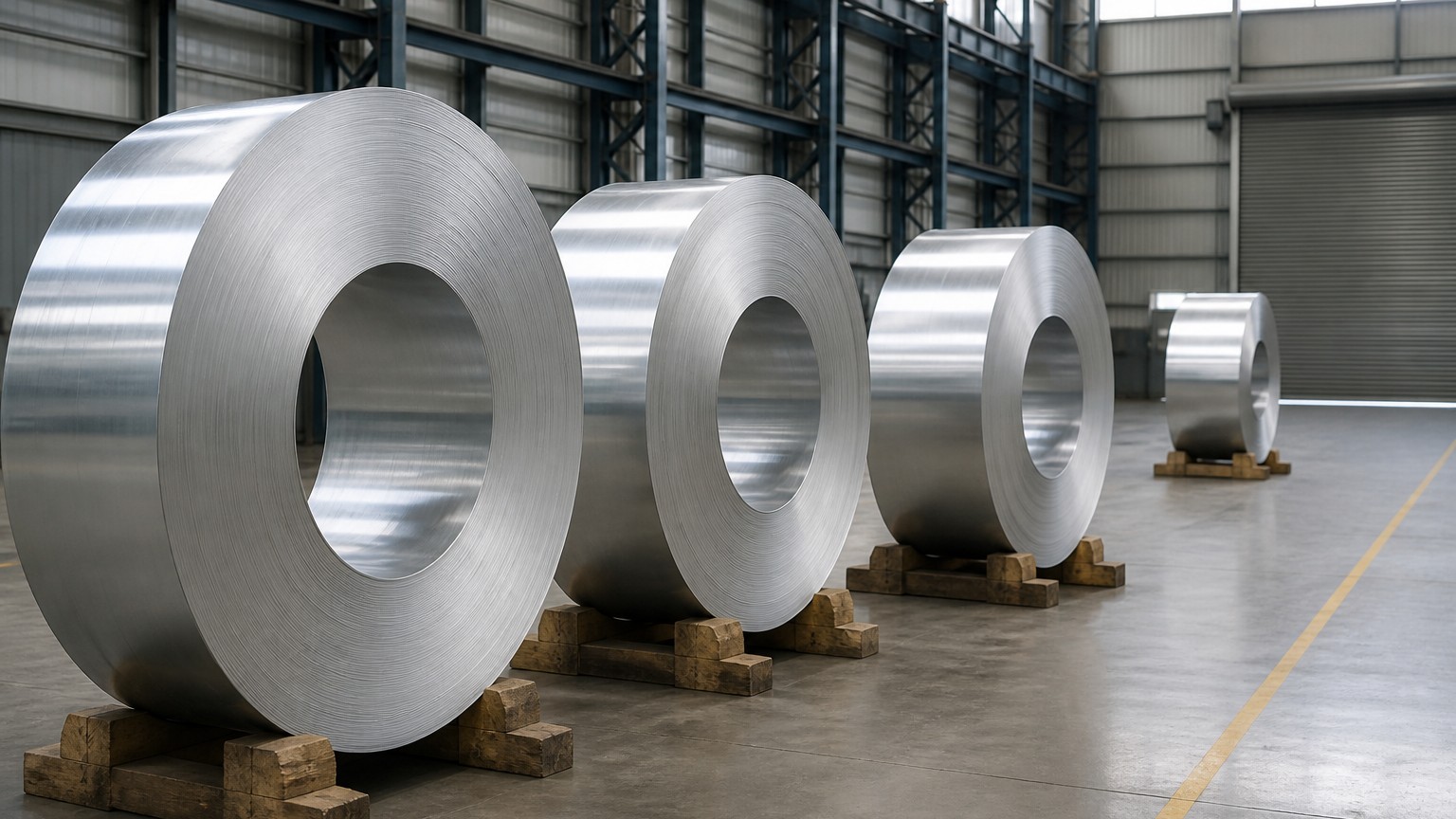 aluminum strip - aluminum alloy strip coils stored on timber saddles in a metals warehouse