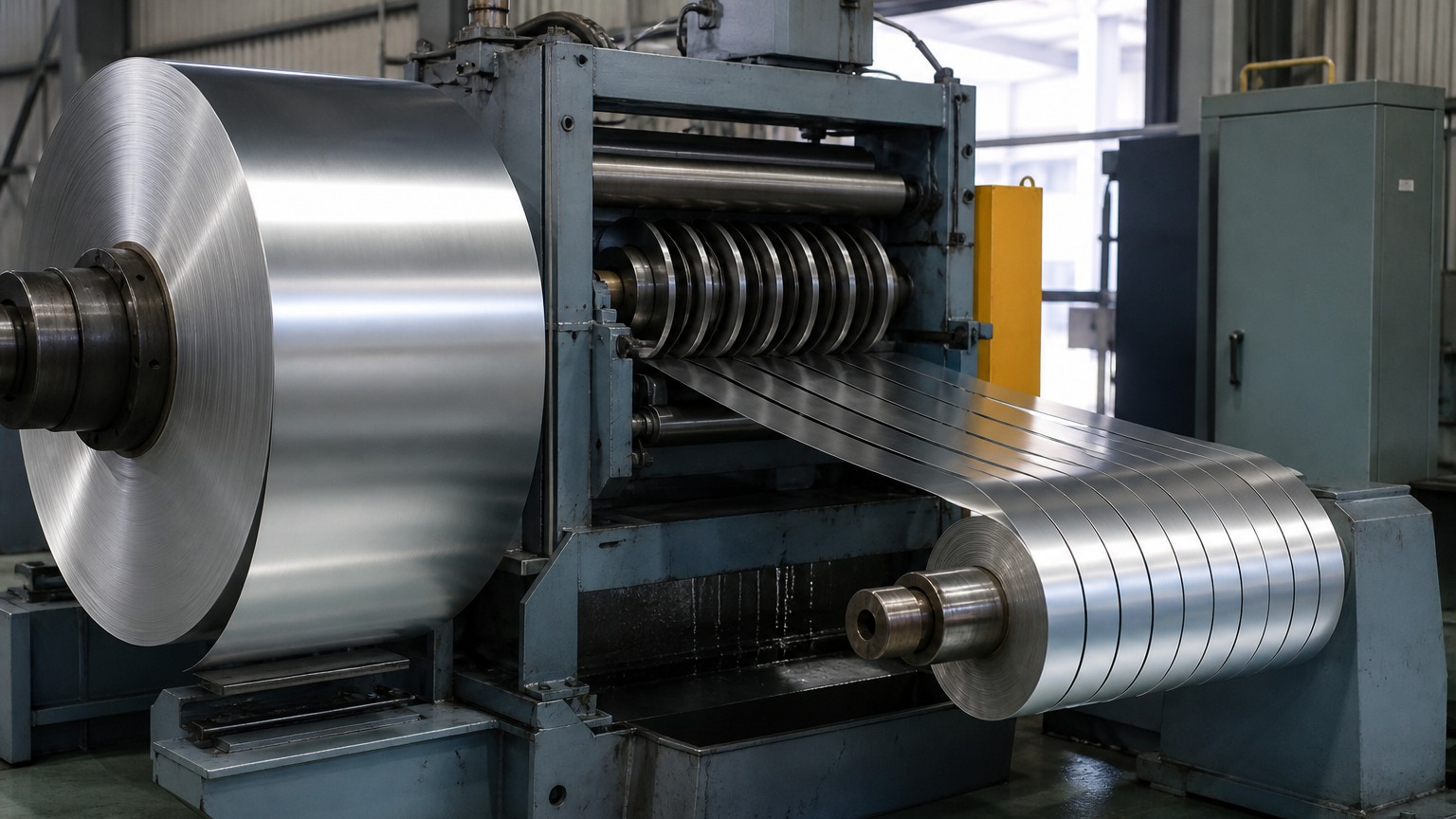 aluminum strip - slitting line cutting a wide aluminum coil into narrow strip coils in a workshop