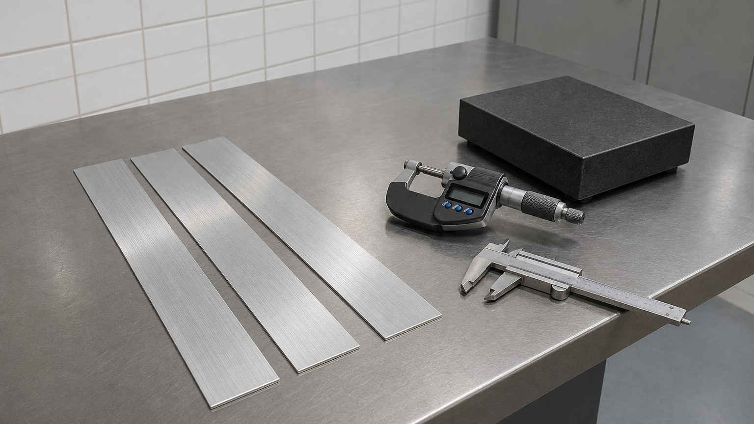 aluminum strip - narrow aluminum strip samples checked with a micrometer on a quality control bench