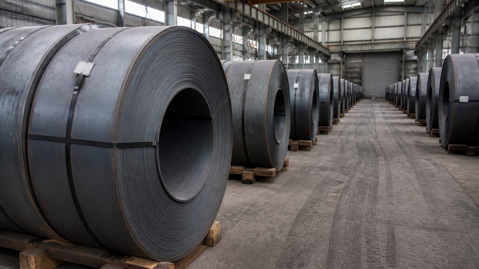 pickled and oiled steel - hot rolled carbon steel coils with mill scale stacked on timber saddles before pickling