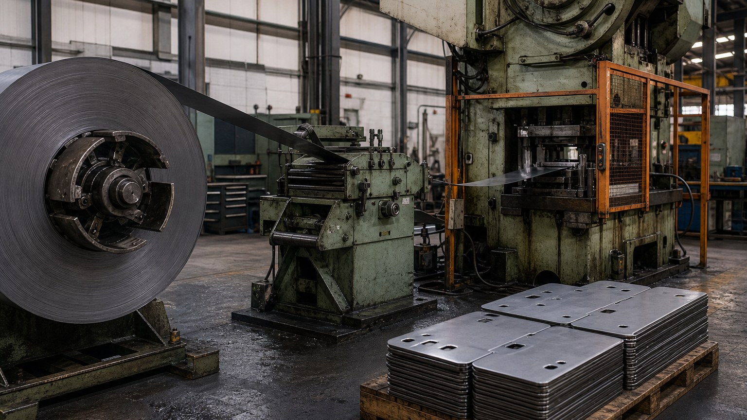 pickled and oiled steel - coil-fed press line forming parts from clean descaled steel strip