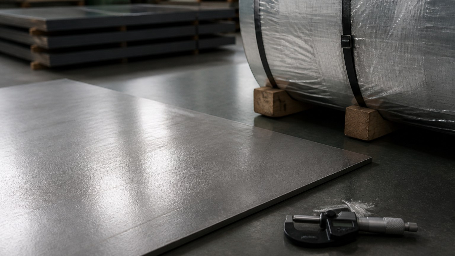 pickled and oiled steel - descaled oiled sheet measured with a micrometer beside a wrapped coil on dunnage