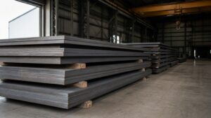 q235b vs q355b - hot rolled carbon steel sheets stacked on timber battens in a steel mill warehouse