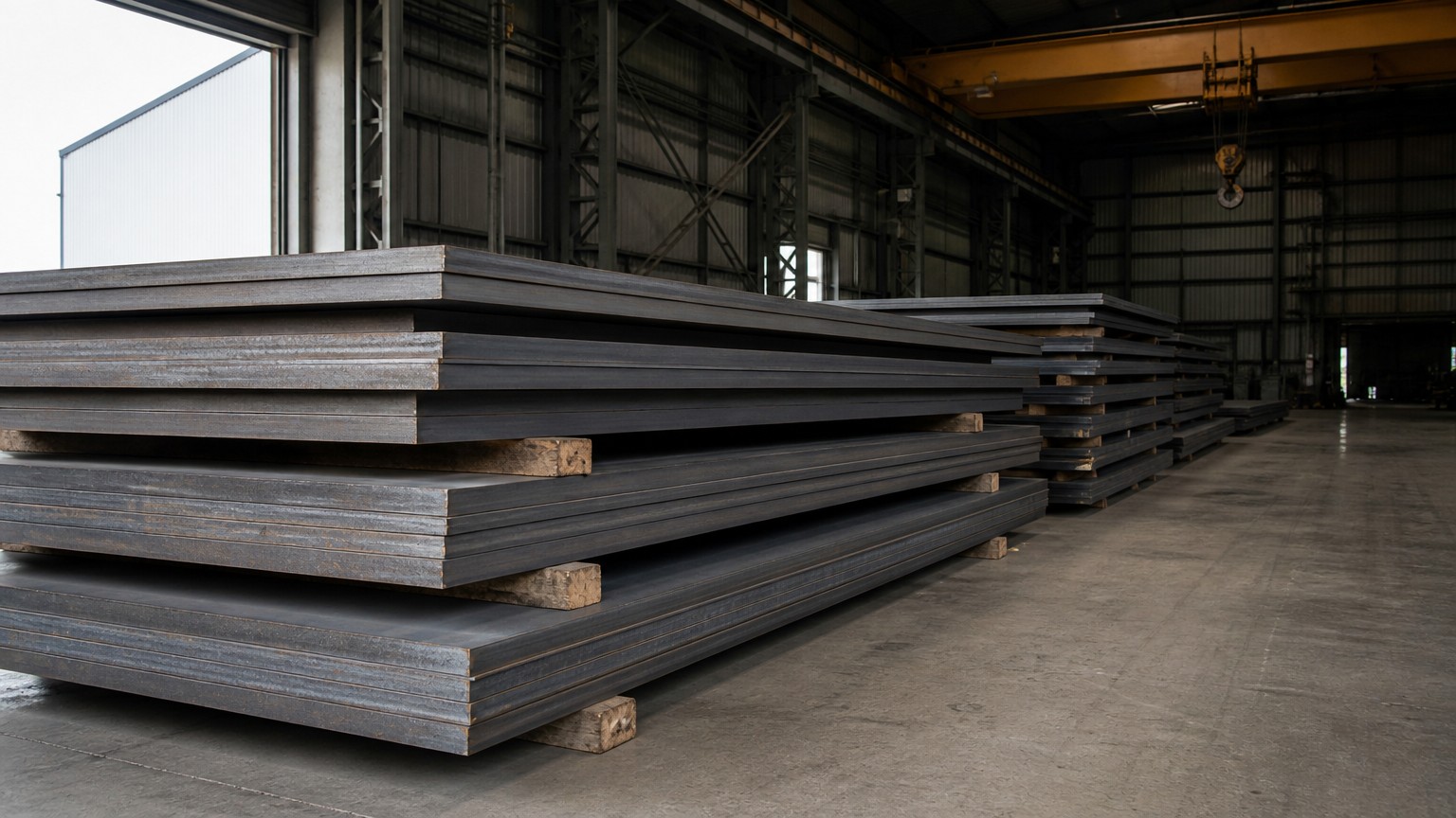 q235b vs q355b - hot rolled carbon steel sheets stacked on timber battens in a steel mill warehouse