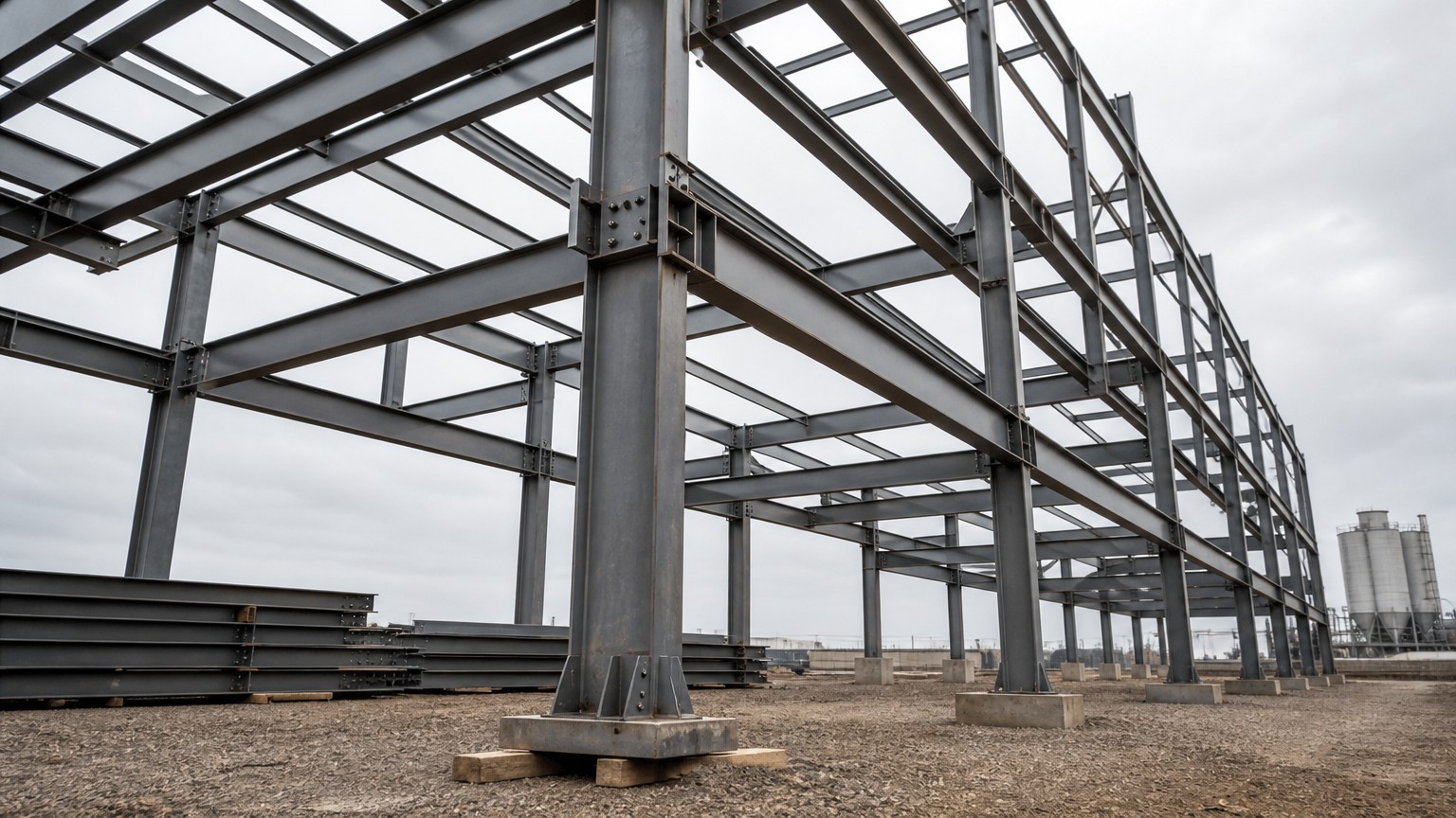 q235b vs q355b - fabricated carbon steel structure and beams on an industrial construction site