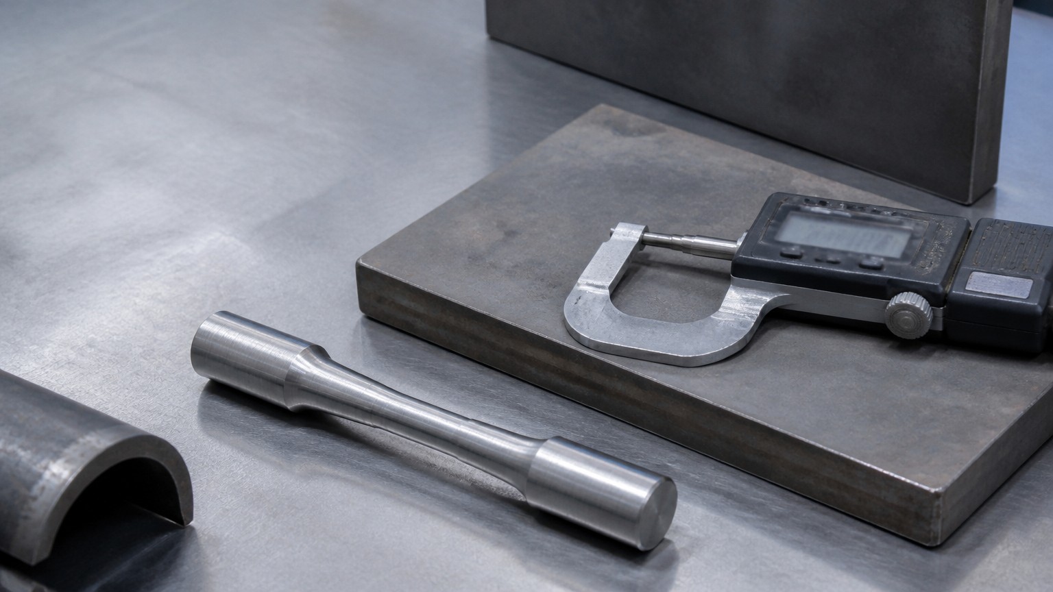 q235b vs q355b - tensile test specimen and thickness gauge on a steel quality control bench