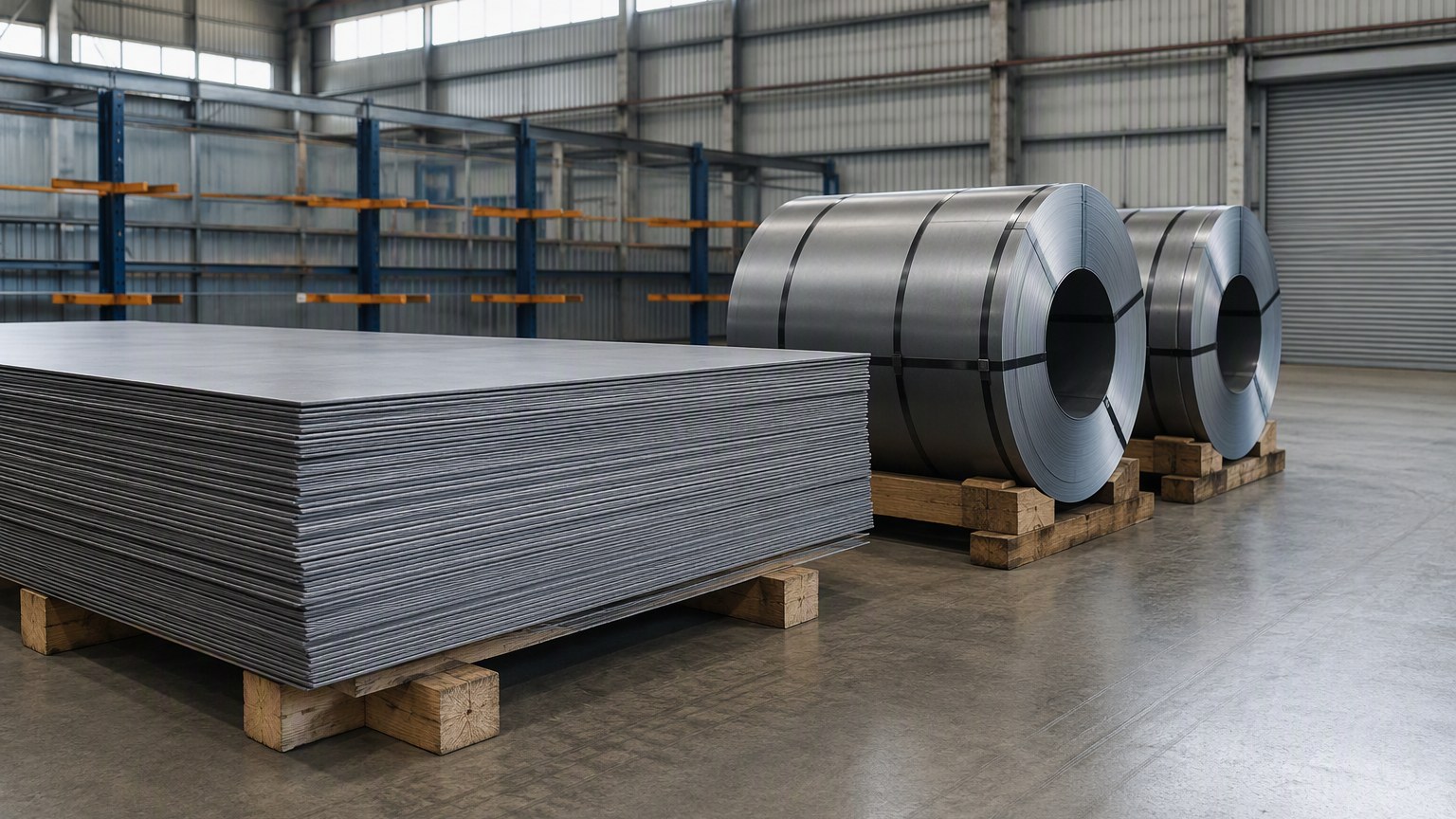 steel coil packing - cold rolled steel sheets and banded steel coils on timber dunnage in a dry warehouse