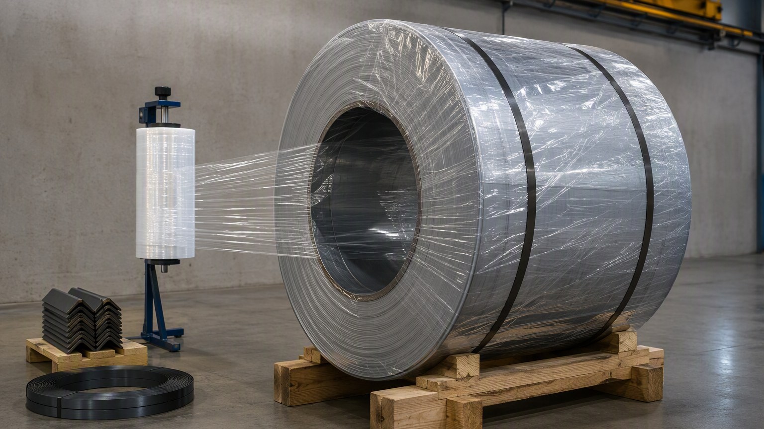 steel coil packing - steel coil being wrapped in VCI film and secured with steel strapping