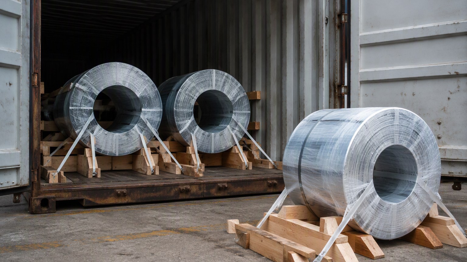 steel coil packing - wrapped steel coils lashed on timber saddles inside a shipping container