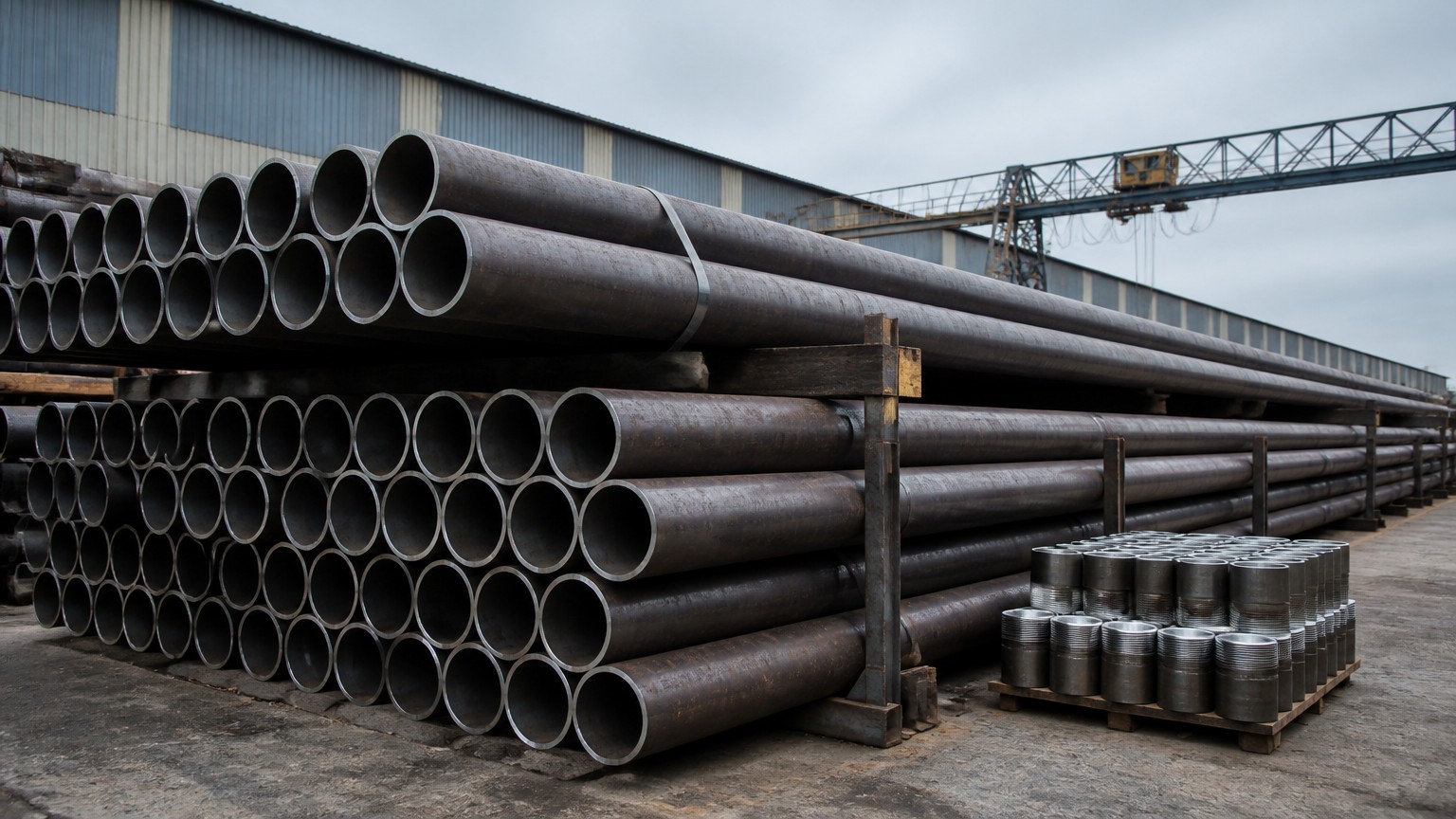 casing corrosion prevention - OCTG casing and tubing pipes stacked in a seamless pipe mill stockyard