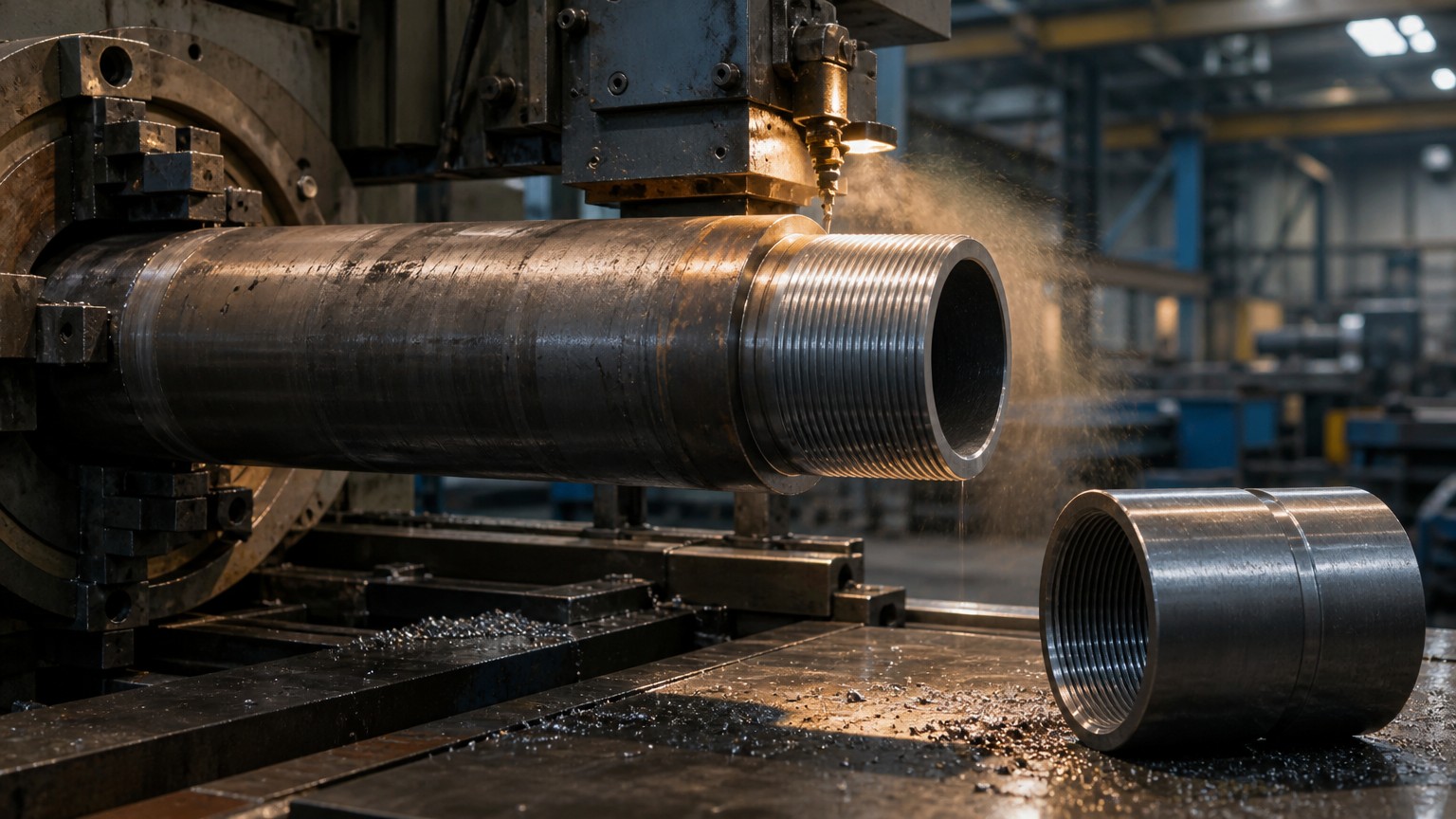 casing corrosion prevention - API buttress thread being cut on a casing pipe in a seamless pipe mill