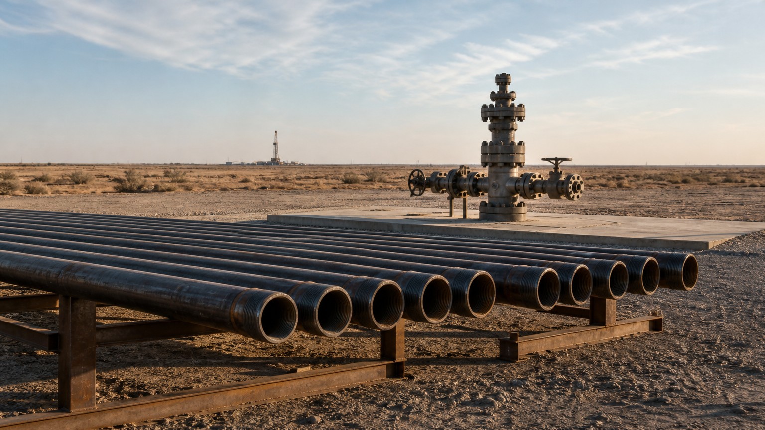 casing corrosion prevention - OCTG casing pipe on racks at a wellsite waiting to be run into the well