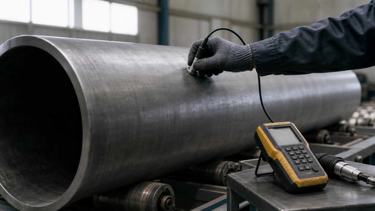 casing corrosion prevention - ultrasonic thickness gauge checking the wall of a seamless casing pipe before shipment