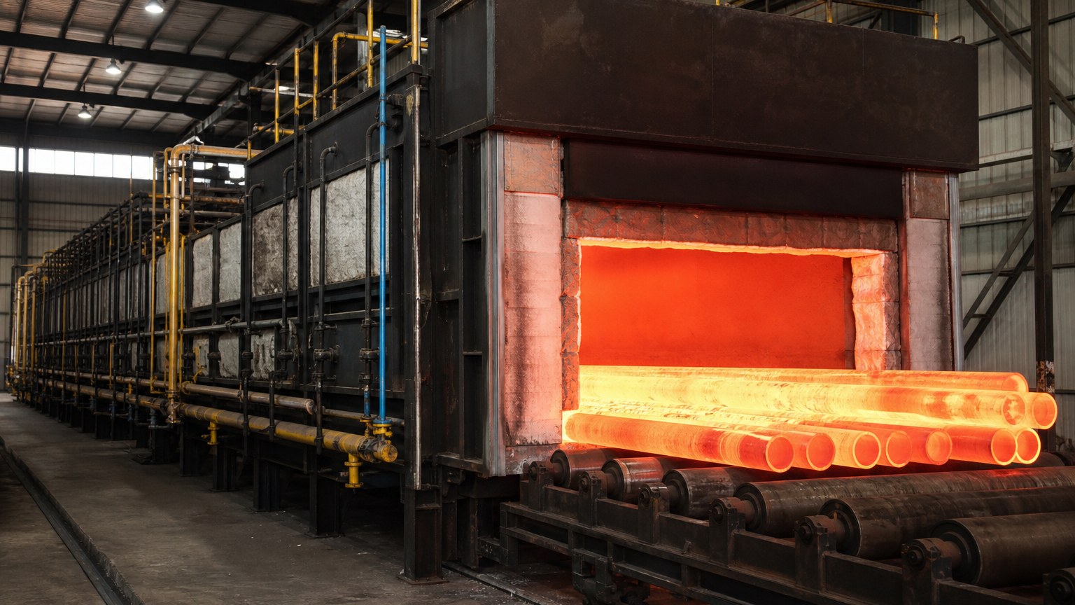 boiler tube heat treatment - heat treatment furnace discharging glowing seamless boiler tubes in a steel mill