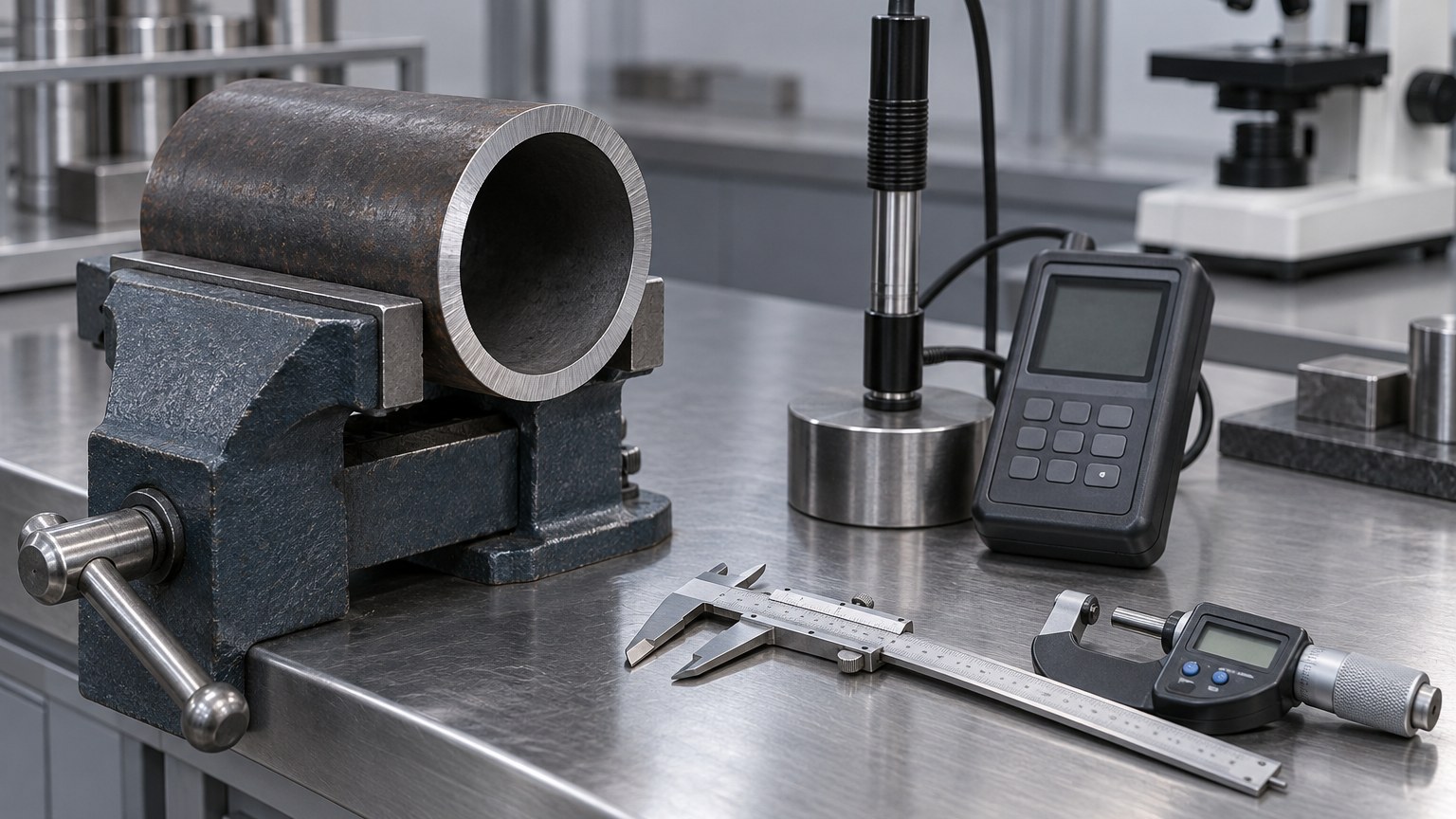 boiler tube heat treatment - inspector testing the hardness of a boiler tube sample in a quality control laboratory
