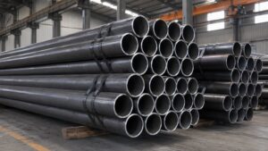 boiler tube testing - bundles of seamless boiler tubes with open ends stacked in a steel warehouse awaiting pressure and non-destructive testing