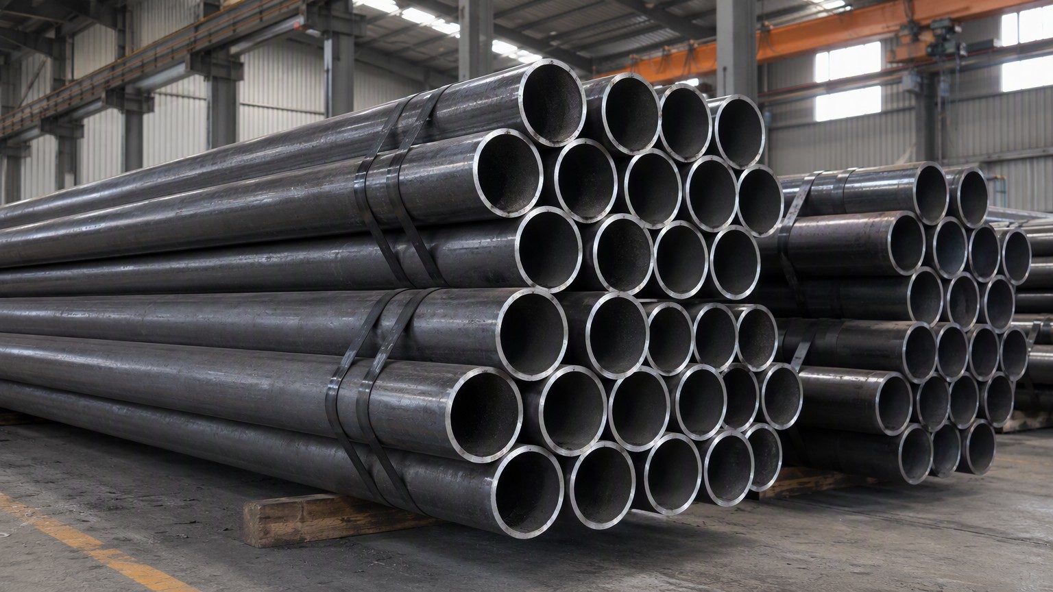 boiler tube testing - bundles of seamless boiler tubes with open ends stacked in a steel warehouse awaiting pressure and non-destructive testing