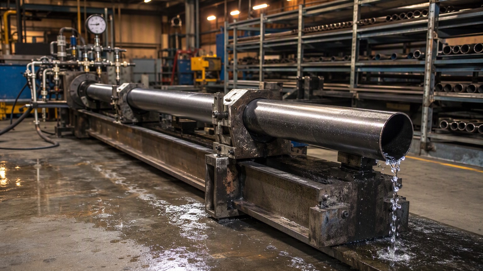 boiler tube testing - hydrostatic pressure test bench with a seamless boiler tube clamped in the rig and water draining from the open end