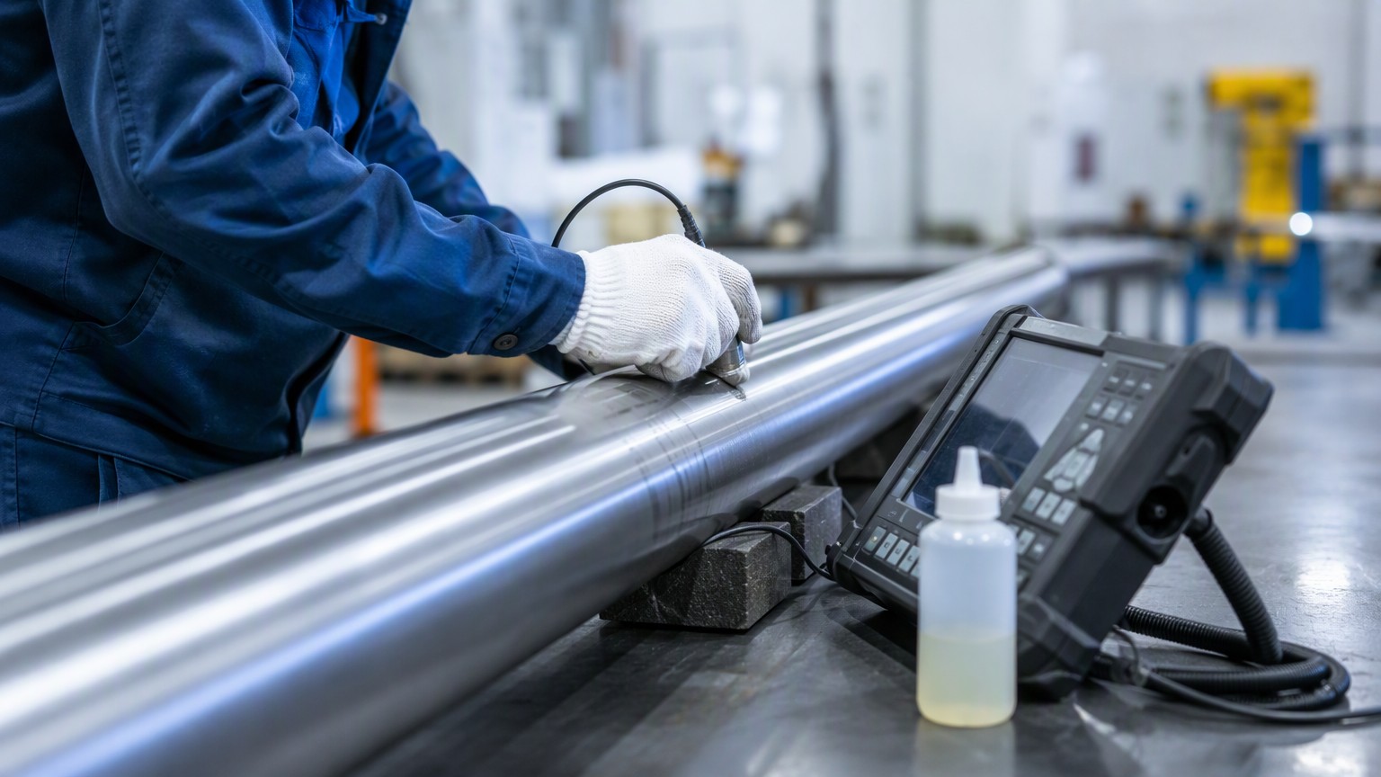 boiler tube testing - ultrasonic testing probe guided along a seamless boiler tube with a portable instrument and couplant on the bench