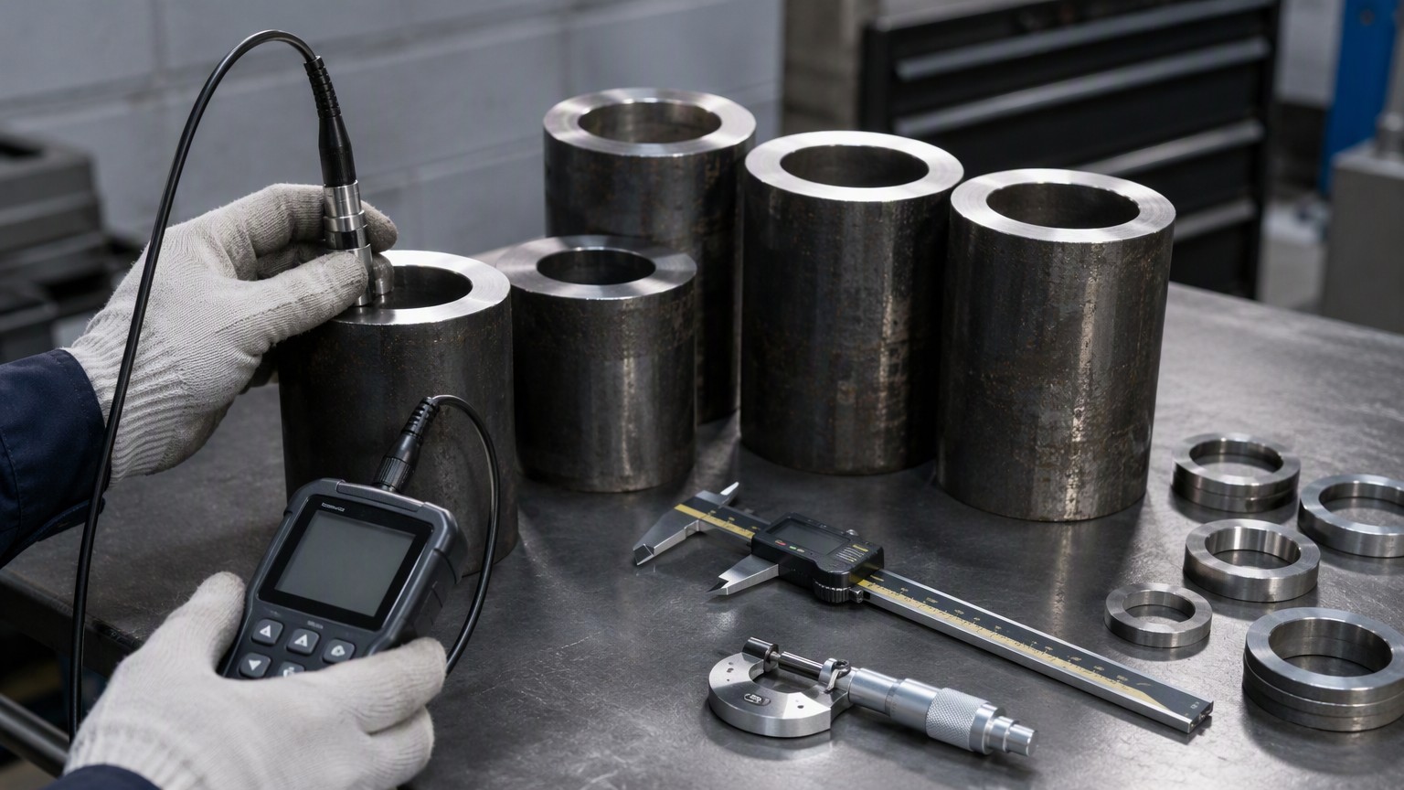 boiler tube testing - wall thickness verification of tube sections with an ultrasonic gauge, micrometer and caliper in an inspection laboratory