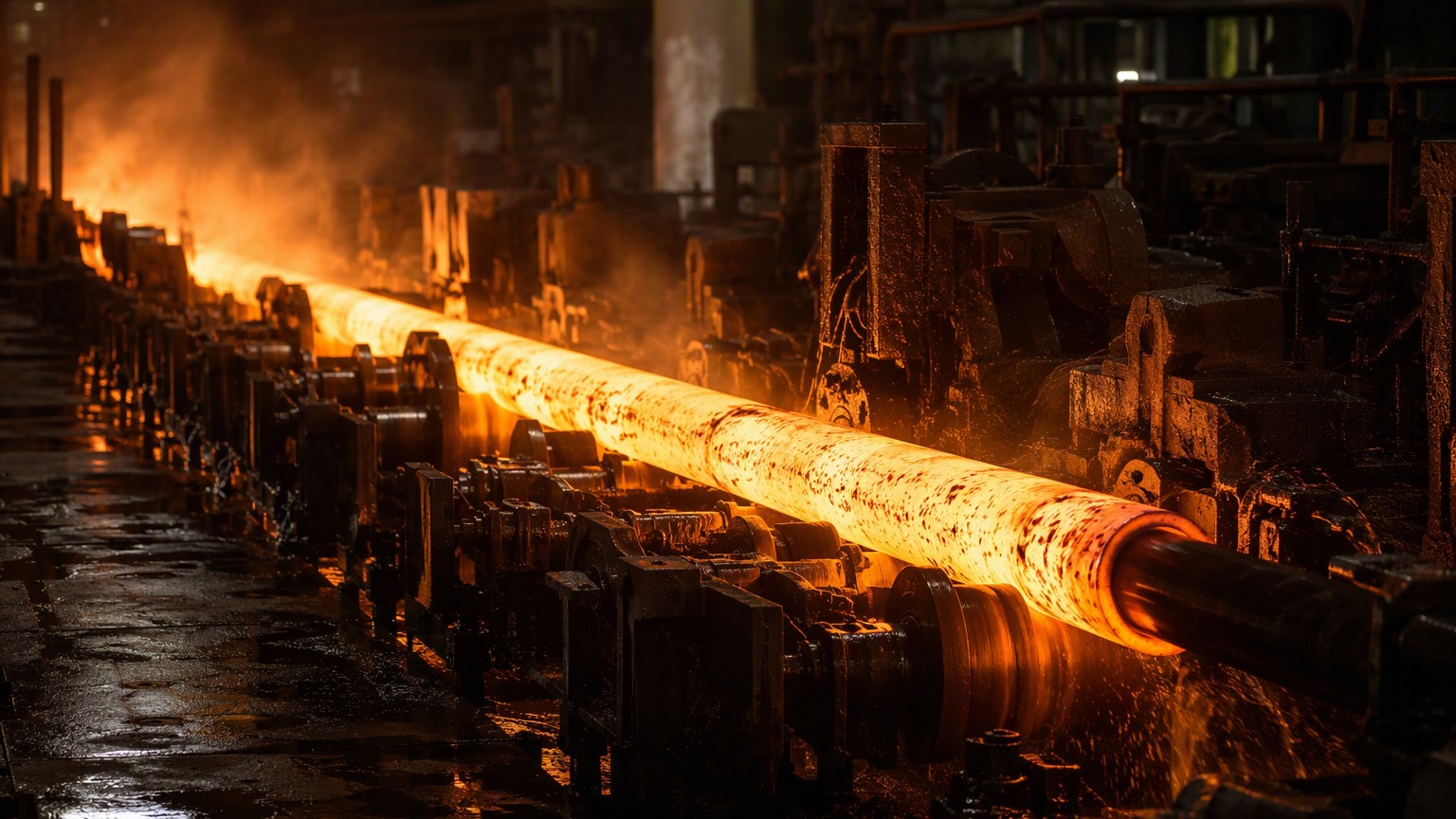 sa-210 vs sa-106 - seamless steel tube being pierced and rolled on a mandrel inside a tube mill