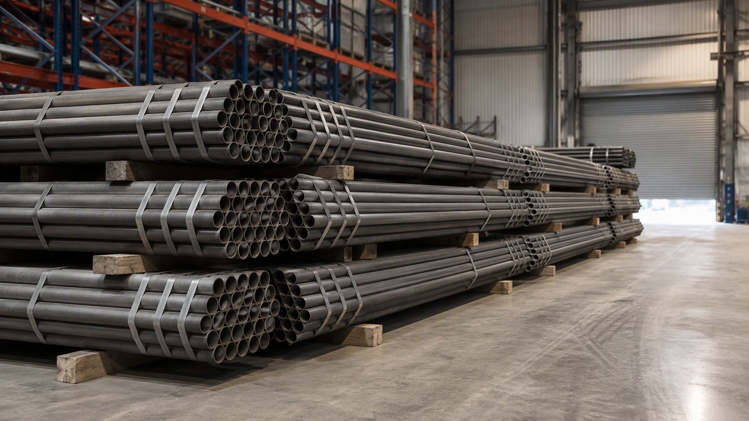 sa-210 vs sa-106 - boiler tube bundles strapped and packed for export shipment in a steel warehouse