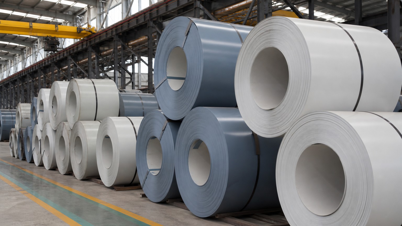 color coated steel coating thickness - stacks of color coated steel coils stored in a steel warehouse