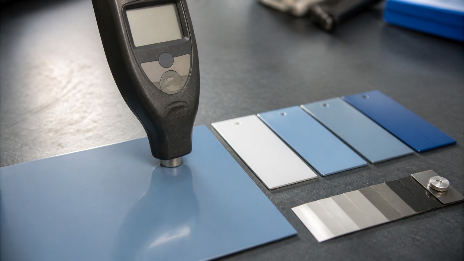color coated steel coating thickness - dry film thickness gauge measuring coating on a color coated steel sheet
